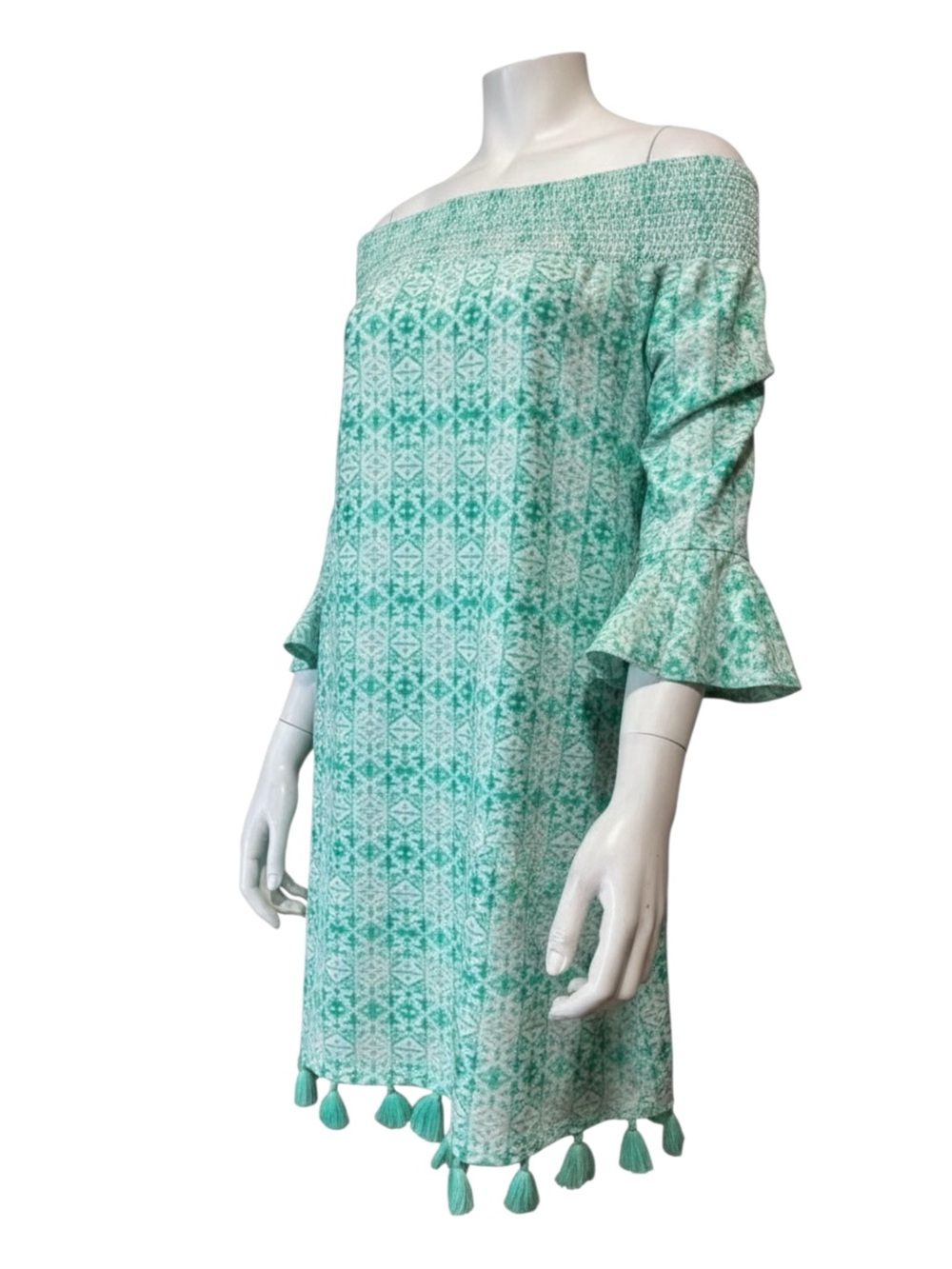 Cabana Life Dress Size Large Teal White Geometric Print Off The Shoulder Tassel